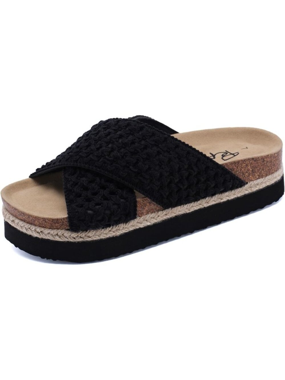 Women's All Black Soft Cork Foot bed and Strap Ladies Fashion Platform Slide